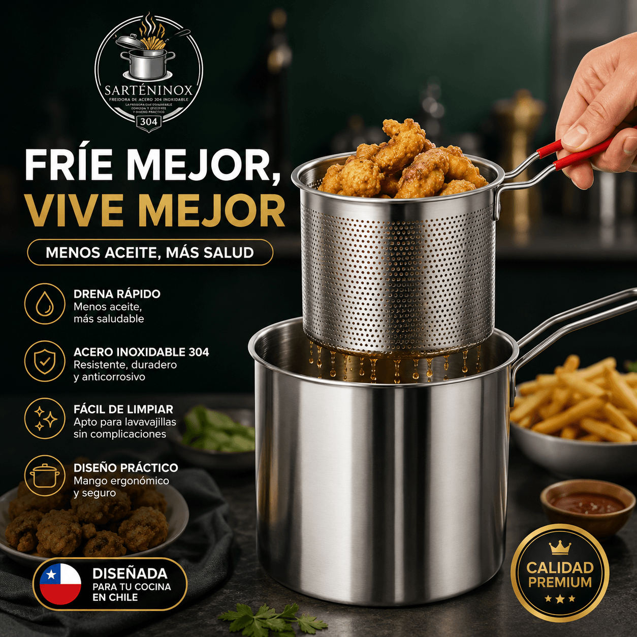 SARTENINOX®️- La olla con filtro de acero inoxidable para freír, escurrir y reutilizar tu aceite al instante