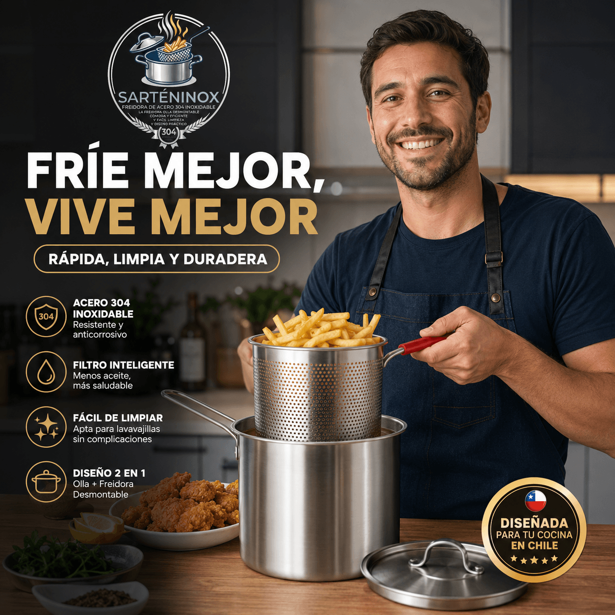 SARTENINOX®️- La olla con filtro de acero inoxidable para freír, escurrir y reutilizar tu aceite al instante