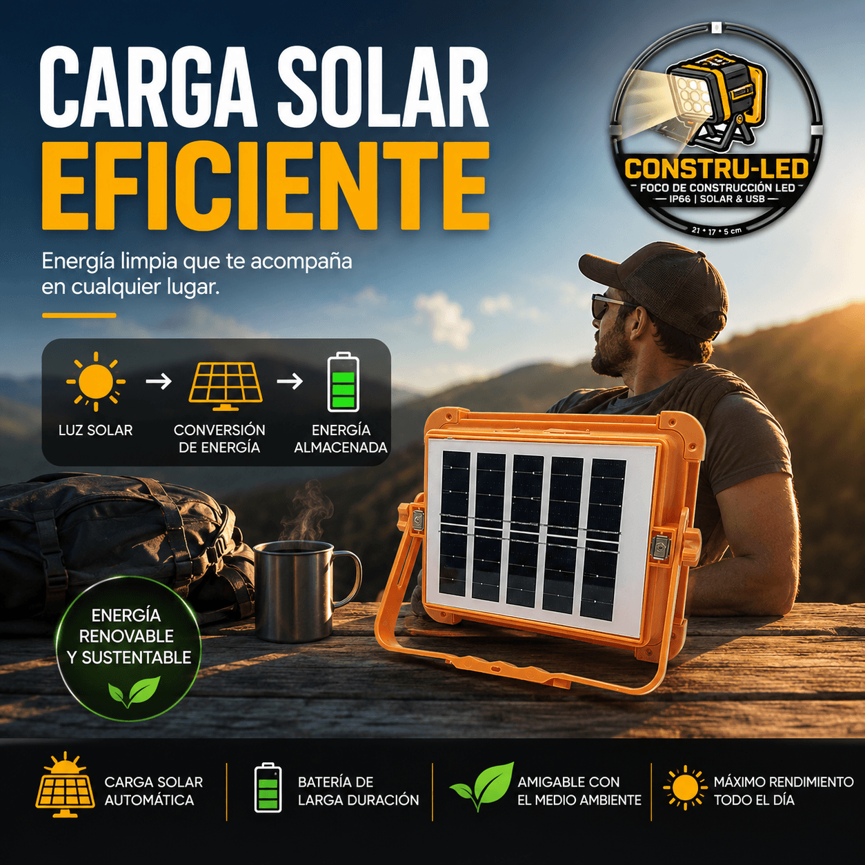 ConstruLed®️- El reflector portátil LED de 200W con carga solar y USB que ilumina tus espacios y carga tu celular