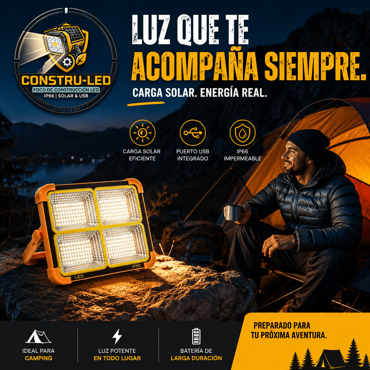 ConstruLed®️- El reflector portátil LED de 200W con carga solar y USB que ilumina tus espacios y carga tu celular