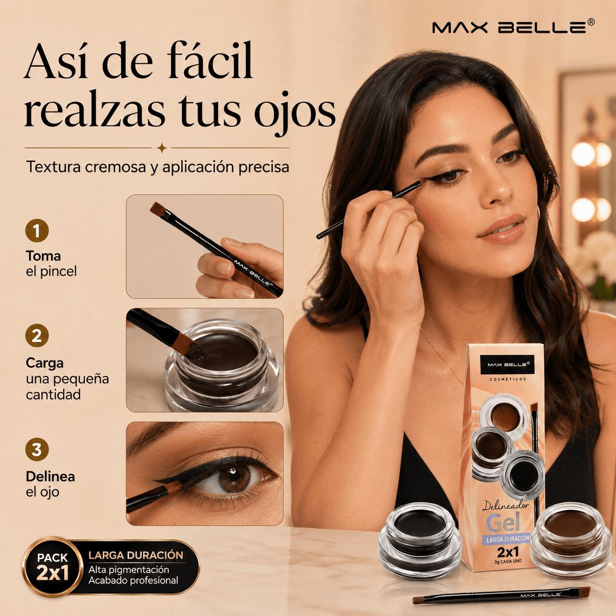 MAX BELLE®: El pack 2x1 de delineador en gel que define tu mirada al instante.