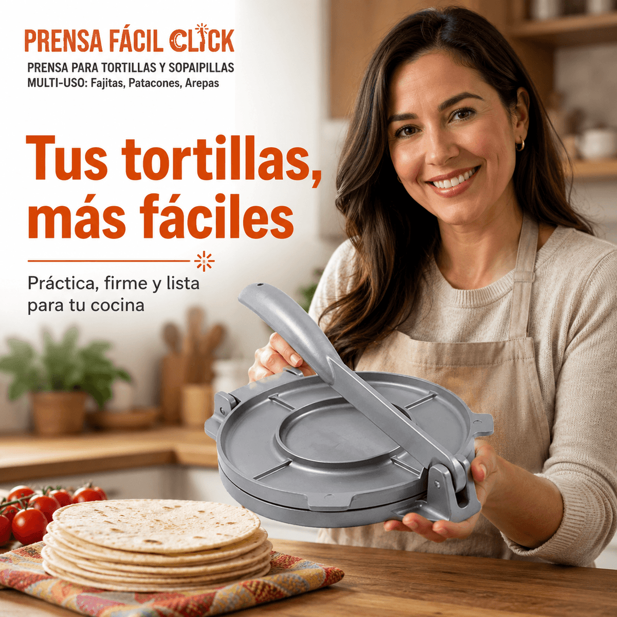 PRENSAFACIL CLICK®: La prensa de aluminio de 20 cm que aplane tus sopaipillas y tortillas al instante.