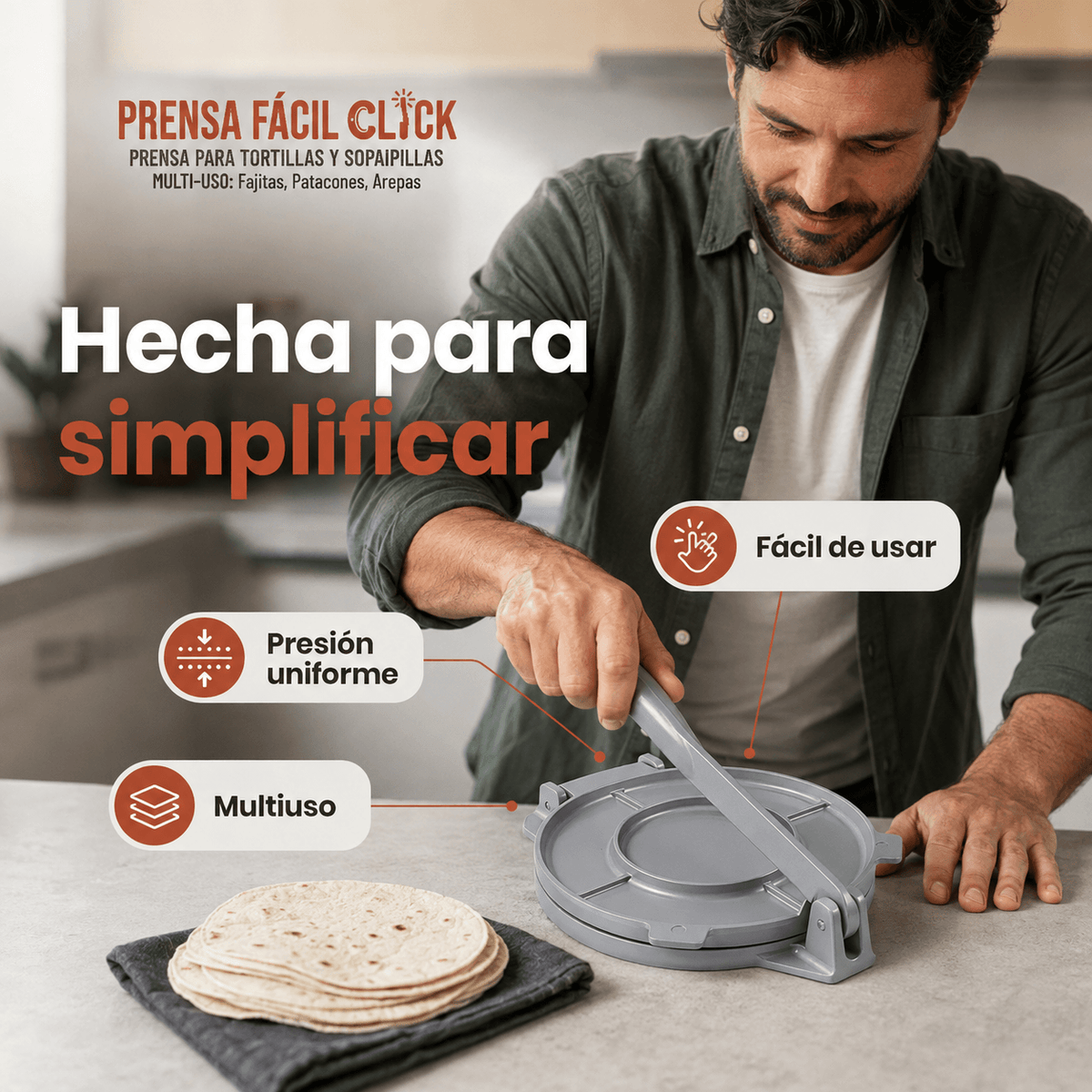 PRENSAFACIL CLICK®: La prensa de aluminio de 20 cm que aplane tus sopaipillas y tortillas al instante.
