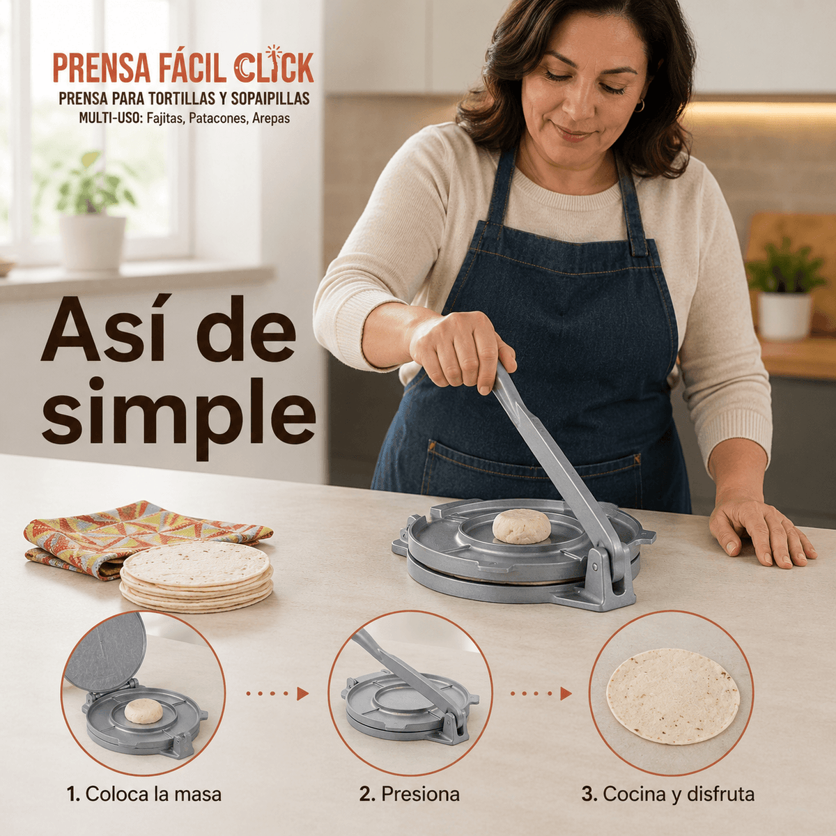 PRENSAFACIL CLICK®: La prensa de aluminio de 20 cm que aplane tus sopaipillas y tortillas al instante.