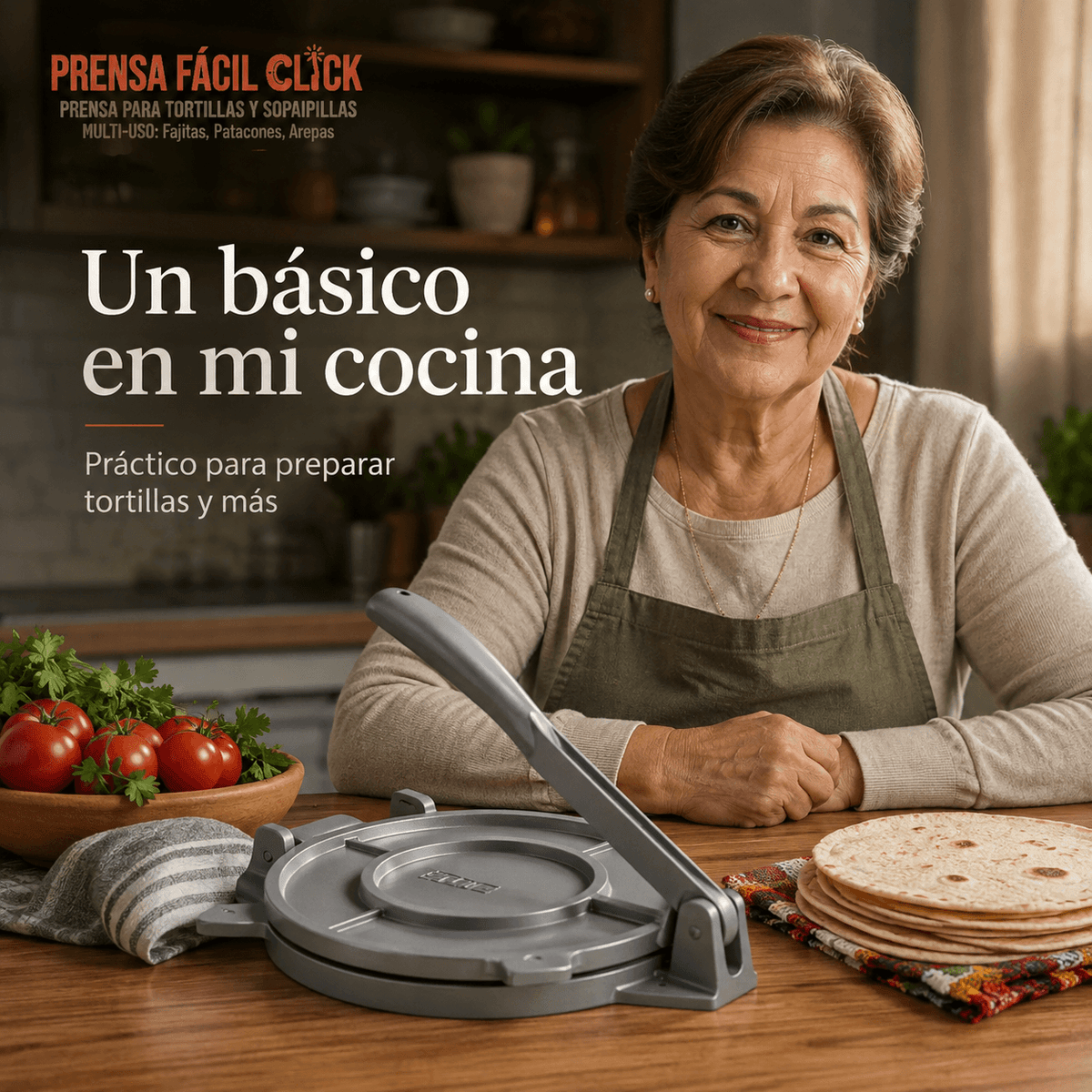 PRENSAFACIL CLICK®: La prensa de aluminio de 20 cm que aplane tus sopaipillas y tortillas al instante.