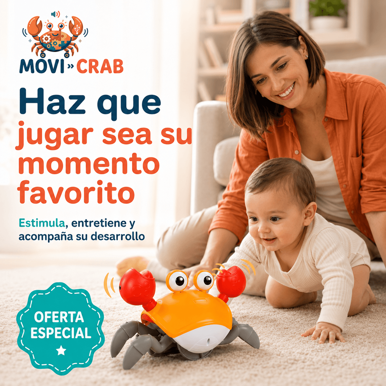 MOVI CRAB®: El cangrejo caminador interactivo que estimula el gateo de tus hijos al instante.