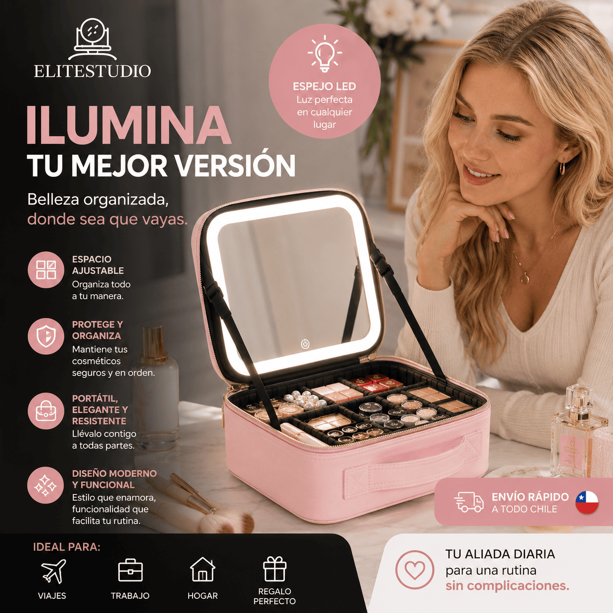 ELITESTUDIO®: Tu estudio de maquillaje profesional, portátil y siempre iluminado.