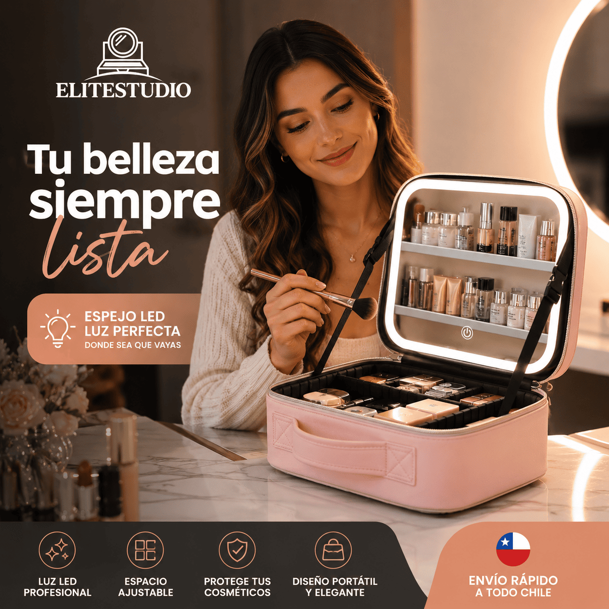 ELITESTUDIO®: Tu estudio de maquillaje profesional, portátil y siempre iluminado.