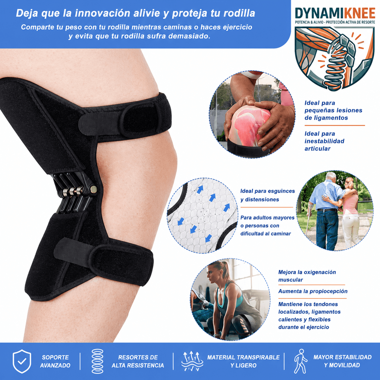 DYNAMIKNEE®: La rodillera con soporte de resorte que asiste tus movimientos al instante.
