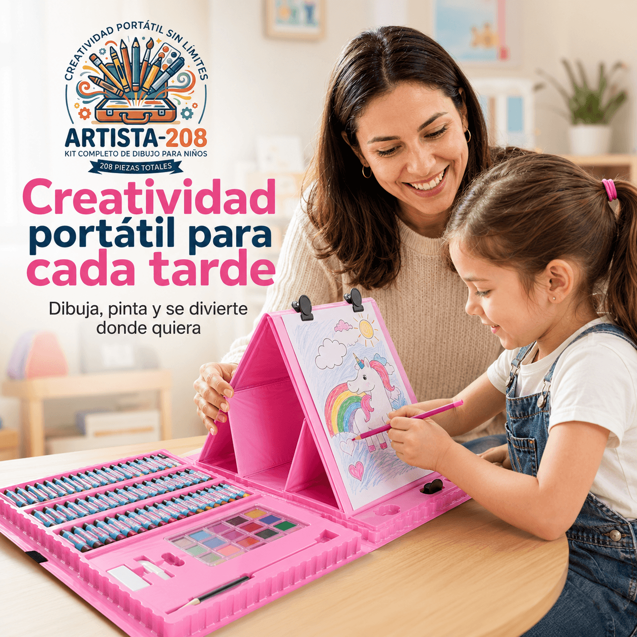 ARTISTA-208®: El kit set de dibujo de 208 piezas con atril portátil que ordena el arte de tus hijos al instante.
