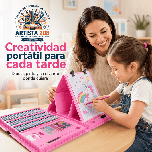 ARTISTA-208®: El kit set de dibujo de 208 piezas con atril portátil que ordena el arte de tus hijos al instante.