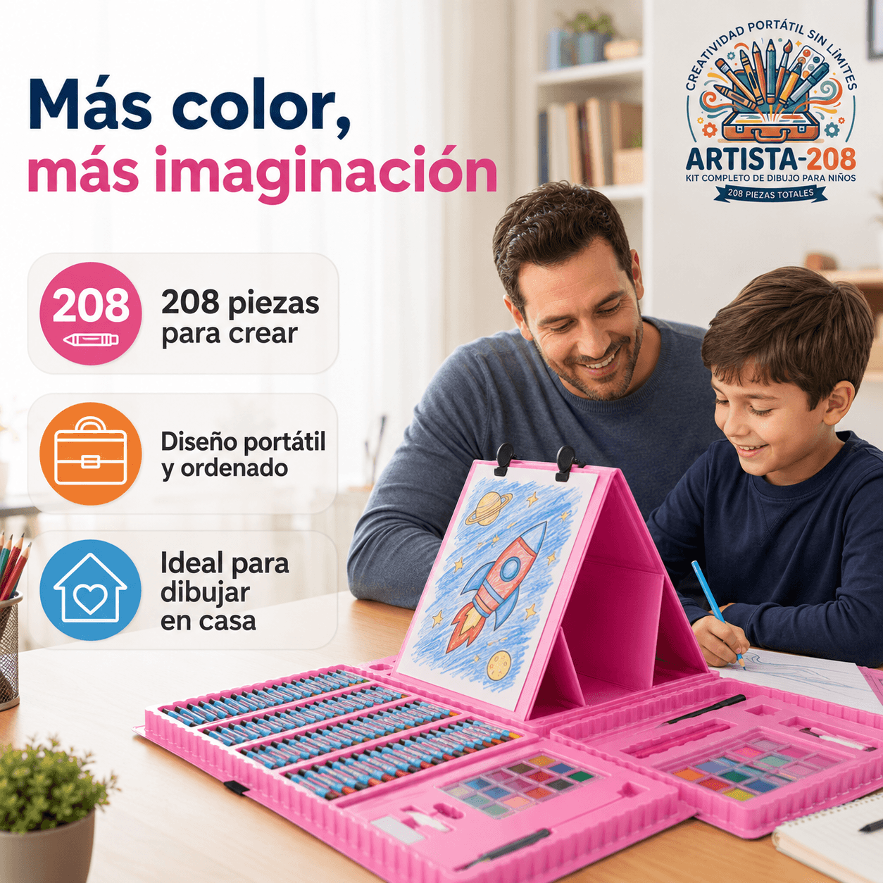 ARTISTA-208®: El kit set de dibujo de 208 piezas con atril portátil que ordena el arte de tus hijos al instante.