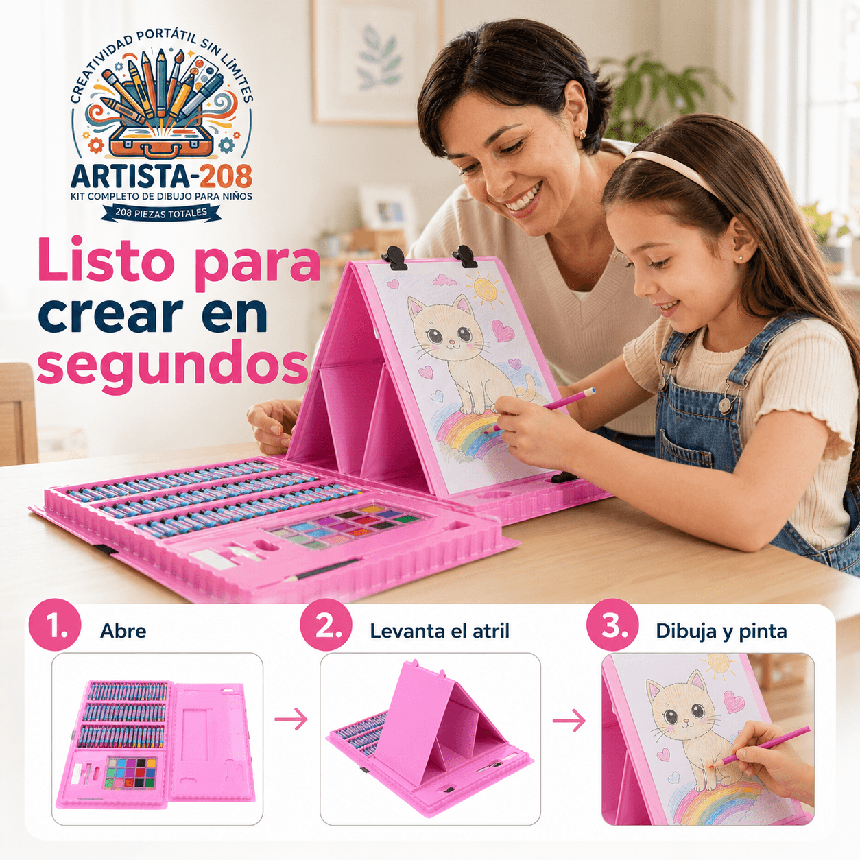 ARTISTA-208®: El kit set de dibujo de 208 piezas con atril portátil que ordena el arte de tus hijos al instante.