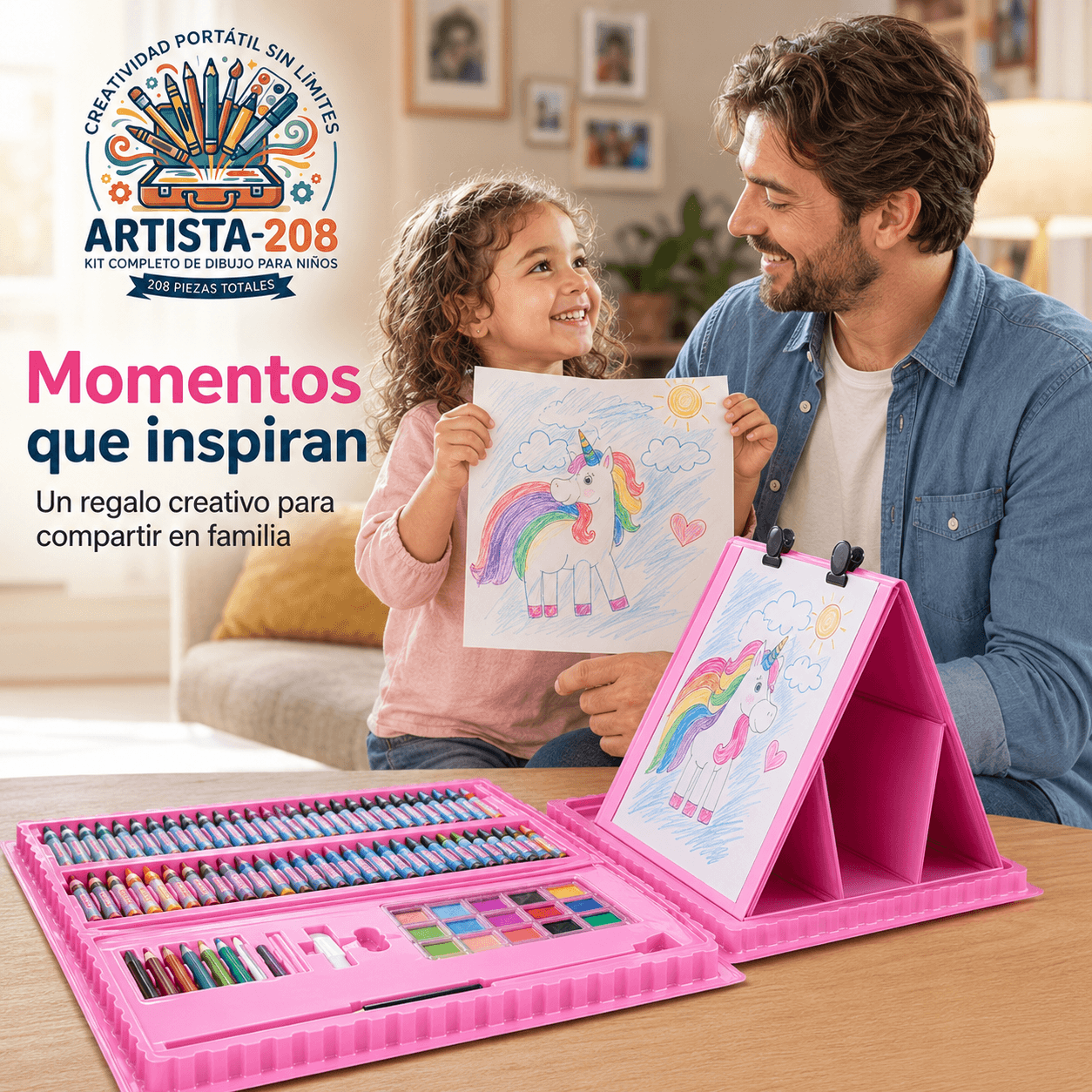 ARTISTA-208®: El kit set de dibujo de 208 piezas con atril portátil que ordena el arte de tus hijos al instante.