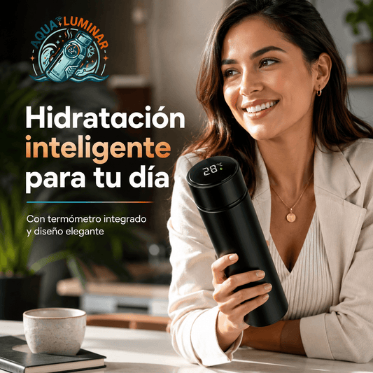 AQUA LUMINAR®: Botella de 500 ml de aluminio inoxidable, termómetro táctil y 6 horas de conservación térmica.