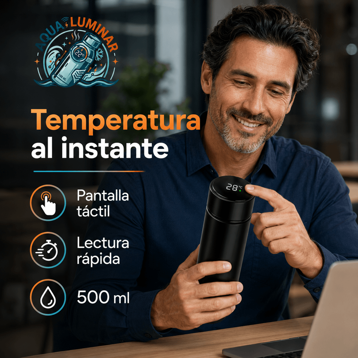 AQUA LUMINAR®: Botella de 500 ml de aluminio inoxidable, termómetro táctil y 6 horas de conservación térmica.