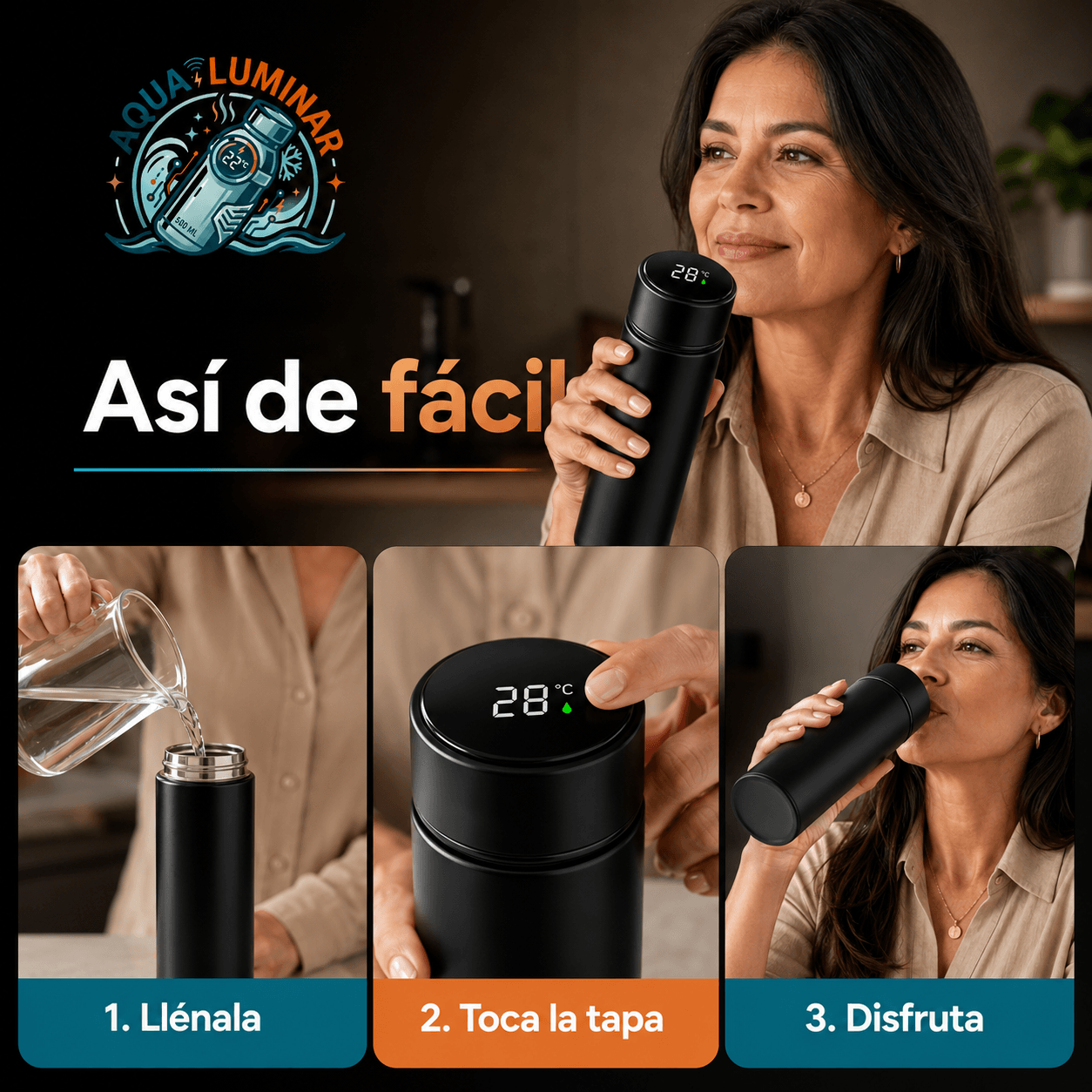 AQUA LUMINAR®: Botella de 500 ml de aluminio inoxidable, termómetro táctil y 6 horas de conservación térmica.