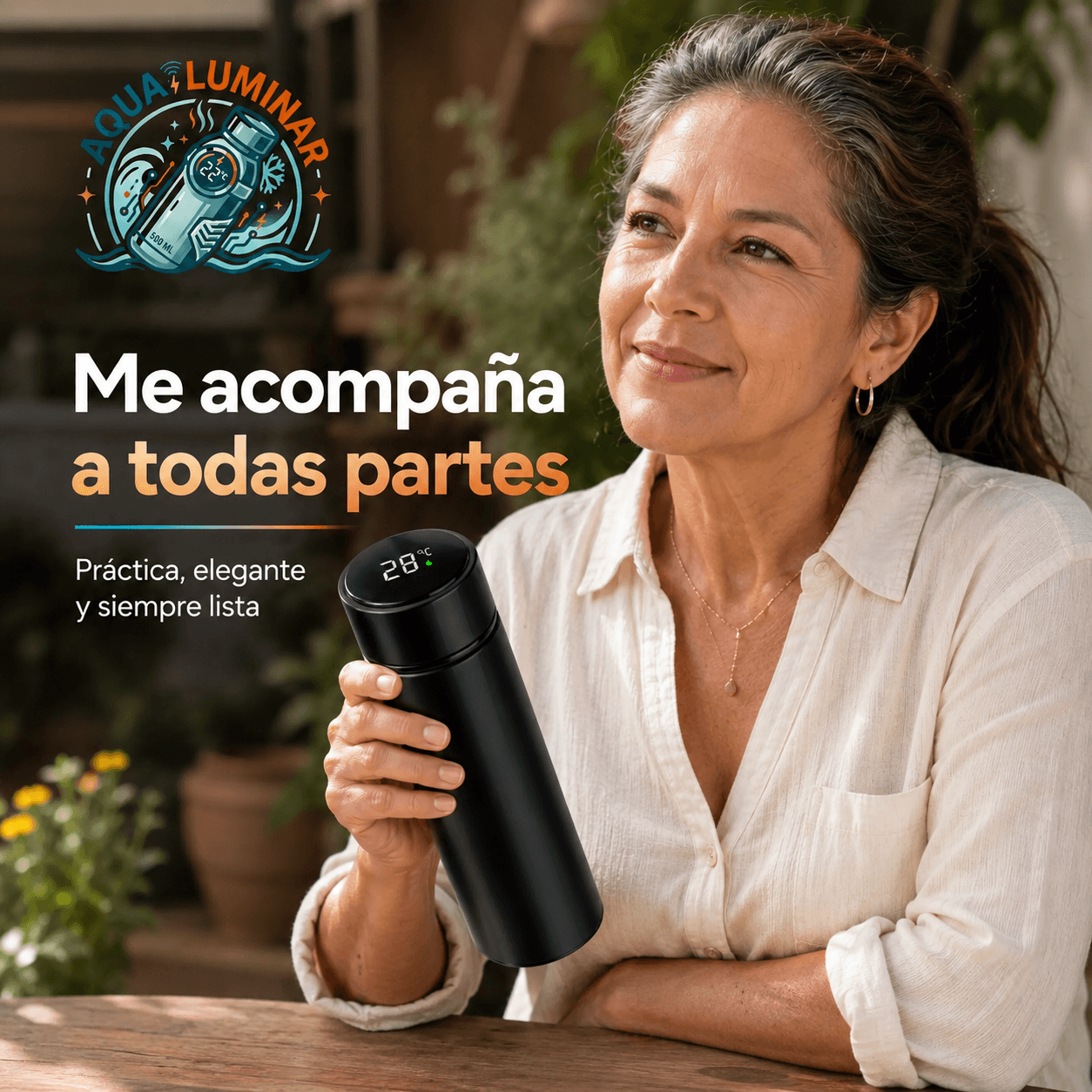 AQUA LUMINAR®: Botella de 500 ml de aluminio inoxidable, termómetro táctil y 6 horas de conservación térmica.