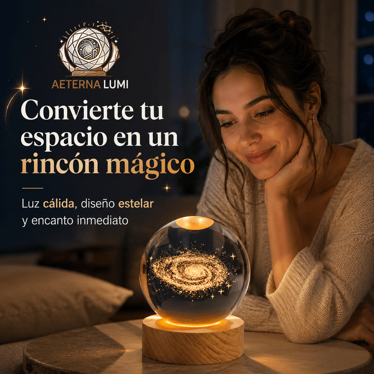 AETERNALUMI®: La lámpara bola de cristal 3D que transforma tus espacios con luz cálida al instante.