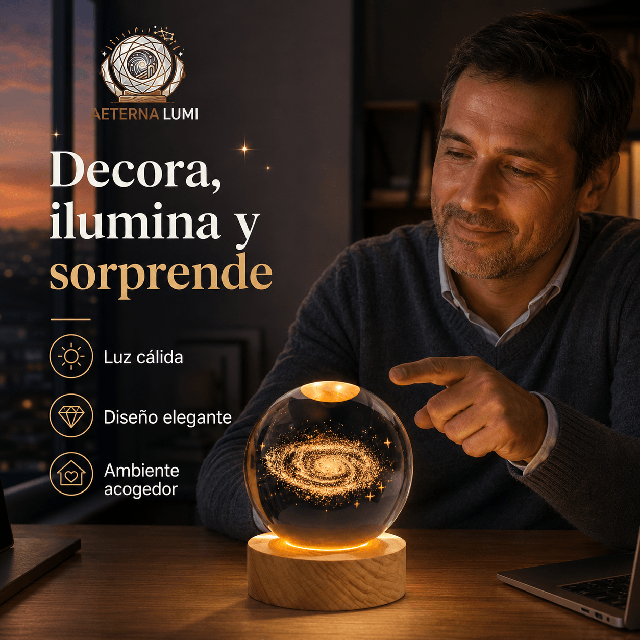 AETERNALUMI®: La lámpara bola de cristal 3D que transforma tus espacios con luz cálida al instante.