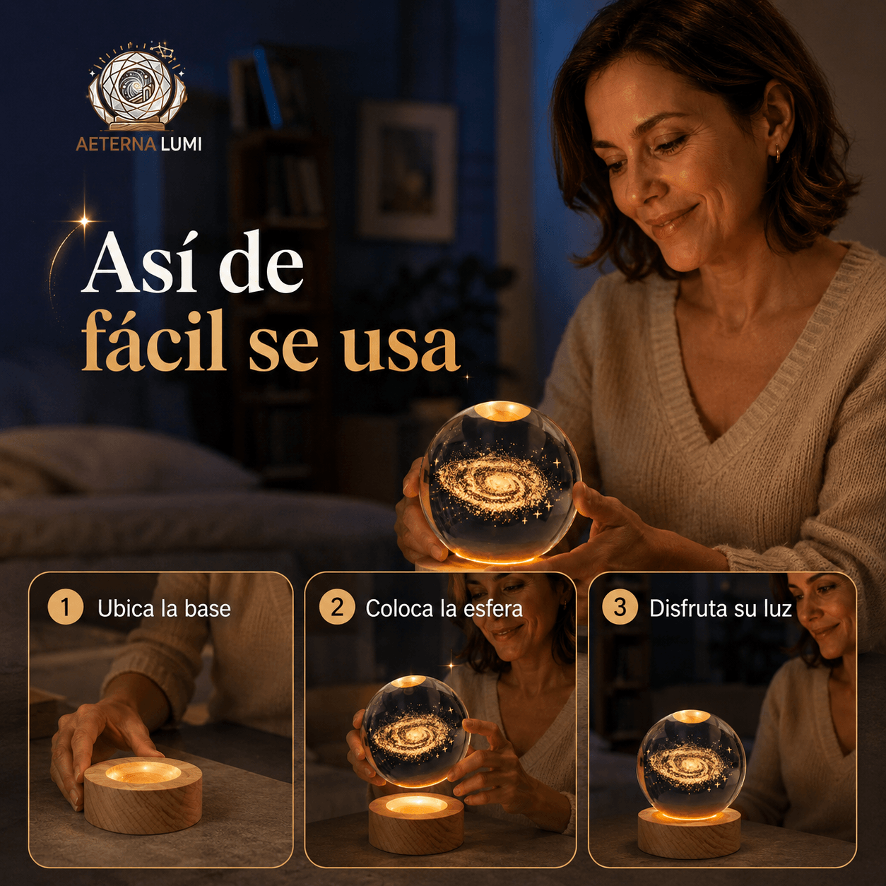 AETERNALUMI®: La lámpara bola de cristal 3D que transforma tus espacios con luz cálida al instante.