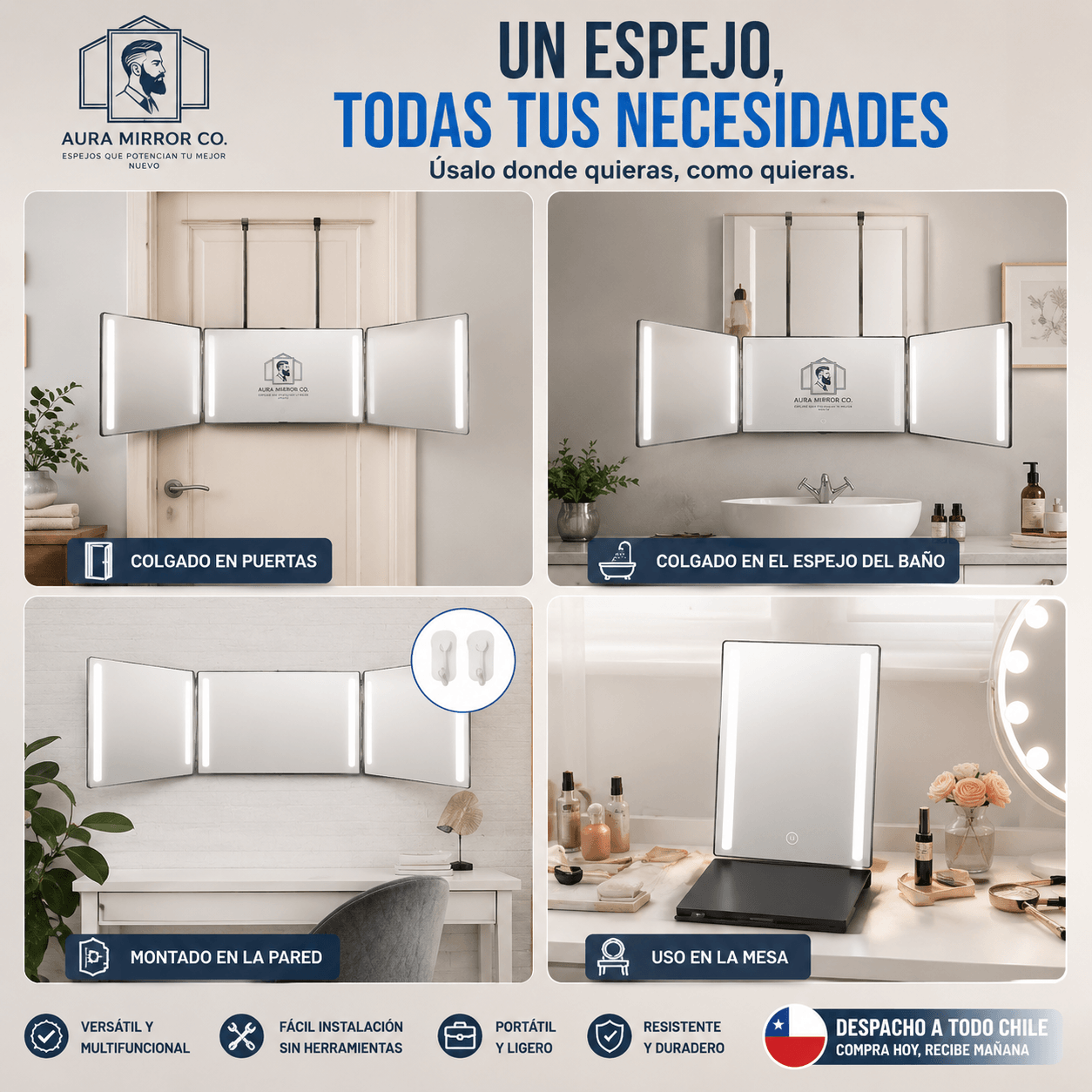 AURA MIRROR CO®: El espejo de 3 vías con ganchos ajustables que te brinda una visión panorámica de 360 grados.