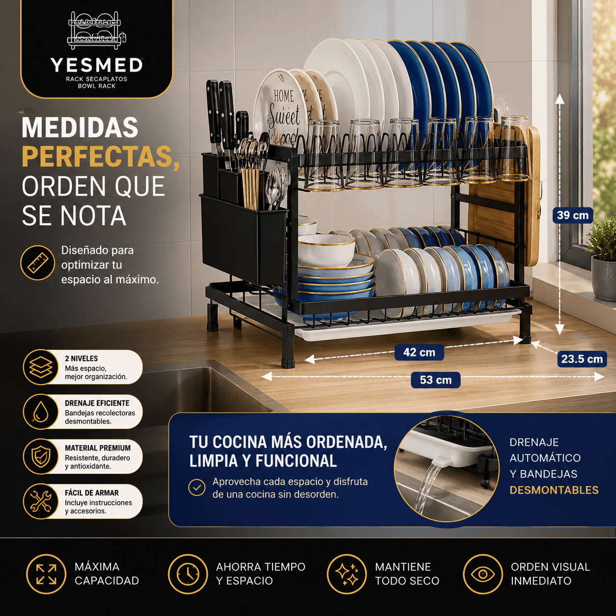YESMED®: El escurridor de platos de 2 niveles con bandeja removible que duplica el espacio de tu cocina.