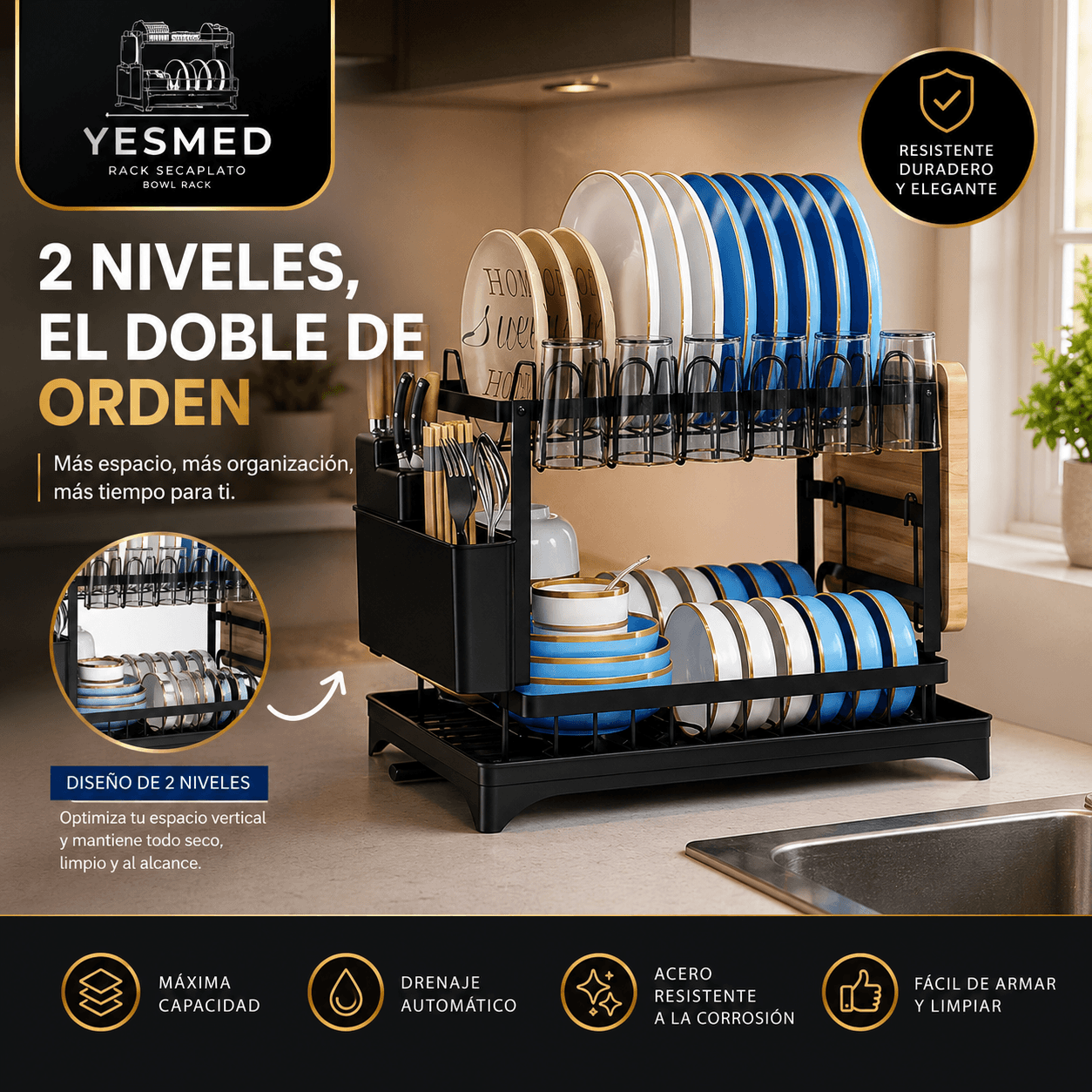 YESMED®: El escurridor de platos de 2 niveles con bandeja removible que duplica el espacio de tu cocina.