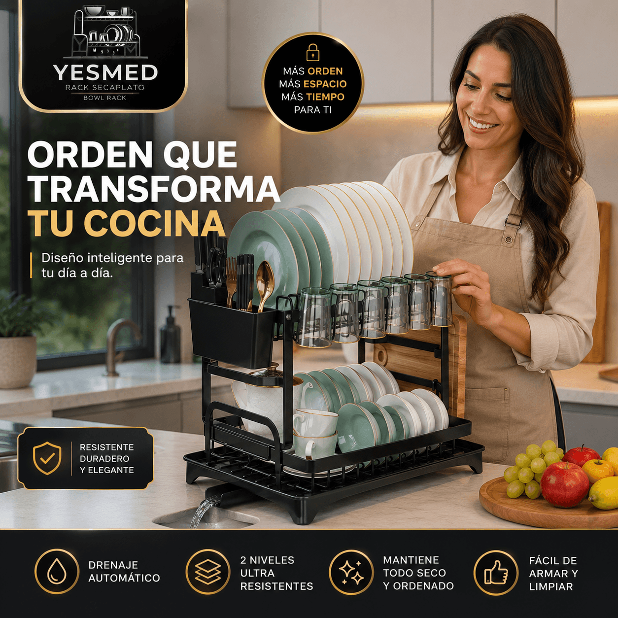 YESMED®: El escurridor de platos de 2 niveles con bandeja removible que duplica el espacio de tu cocina.