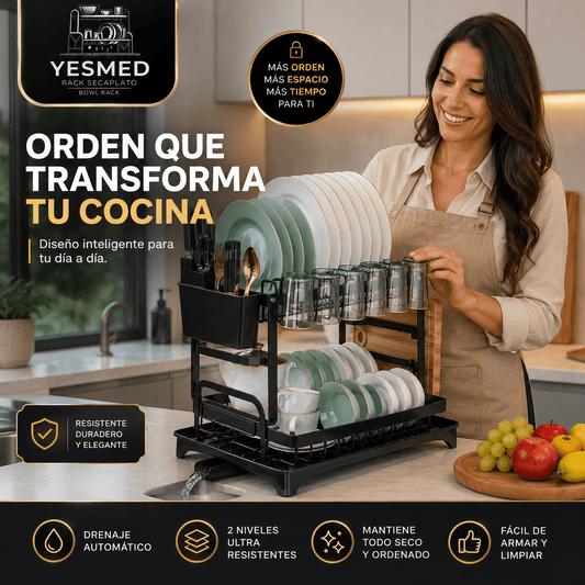 YESMED®: El escurridor de platos de 2 niveles con bandeja removible que duplica el espacio de tu cocina.