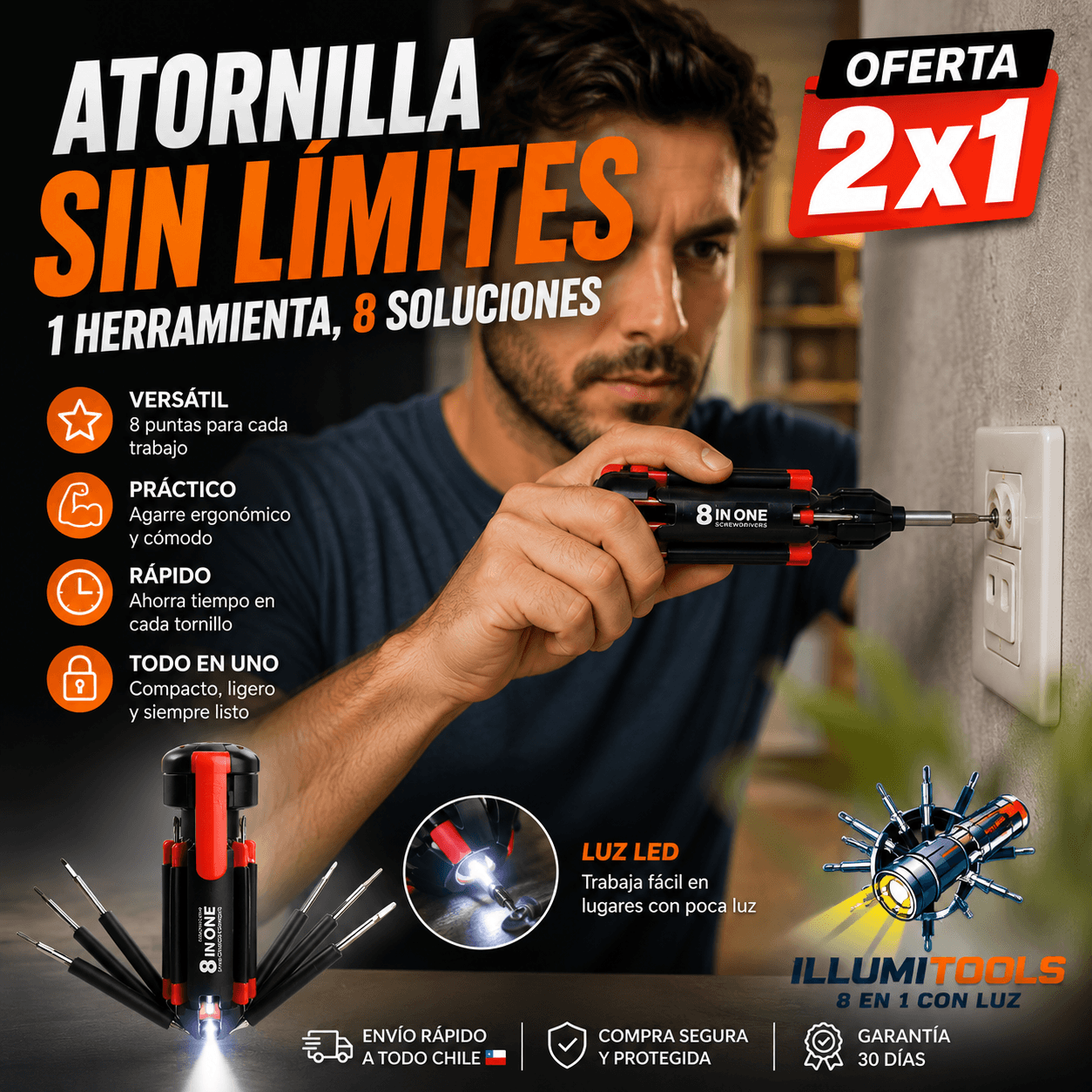 ILLUMITOOLS®: El destornillador multiuso 8 en 1 con linterna LED que unifica tus herramientas en un solo bolsillo.  2x1