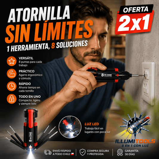 ILLUMITOOLS®: El destornillador multiuso 8 en 1 con linterna LED que unifica tus herramientas en un solo bolsillo.  2x1