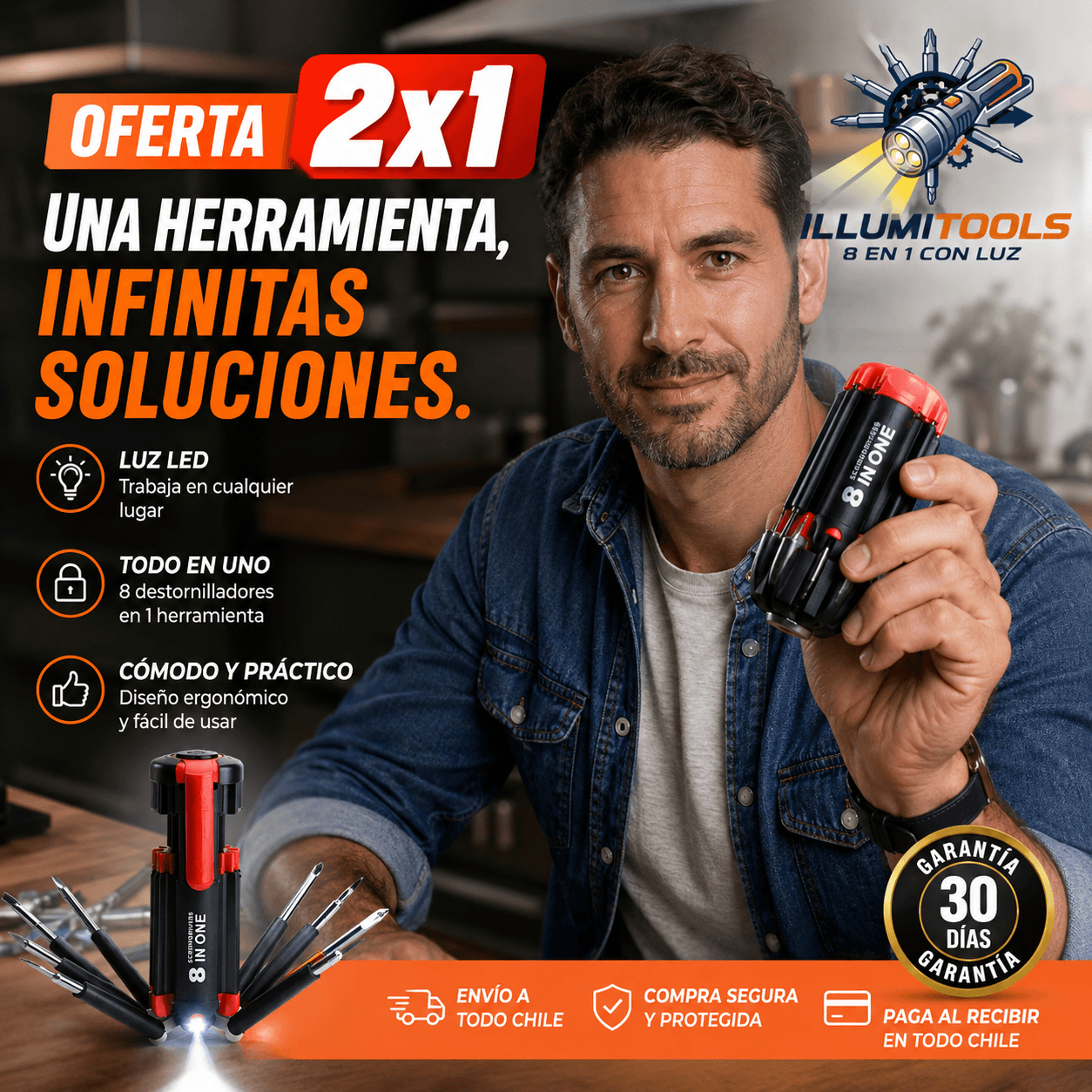 ILLUMITOOLS®: El destornillador multiuso 8 en 1 con linterna LED que unifica tus herramientas en un solo bolsillo.  2x1