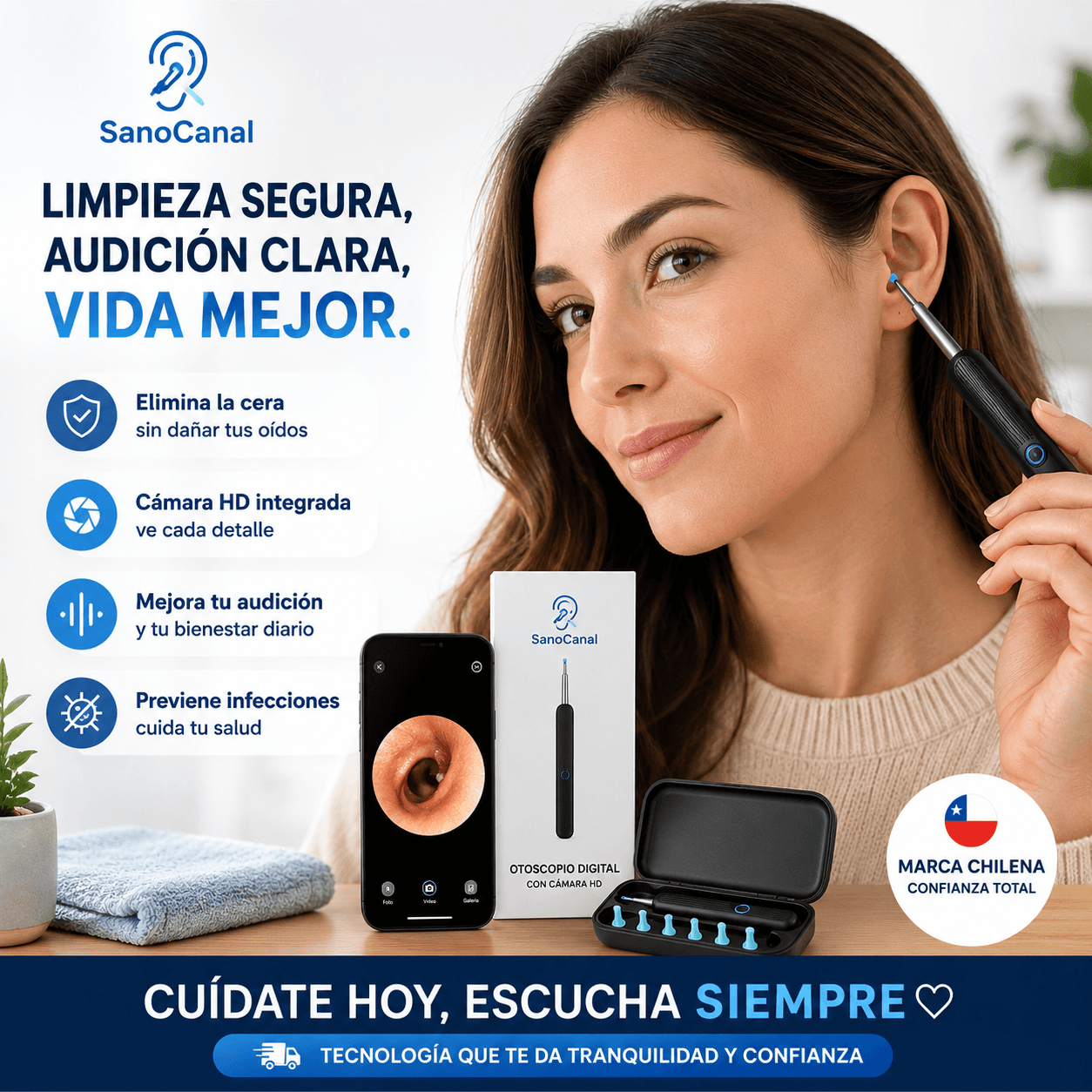 SanoCanal®: El otoscopio digital con cámara HD para una limpieza de oídos 100% segura.