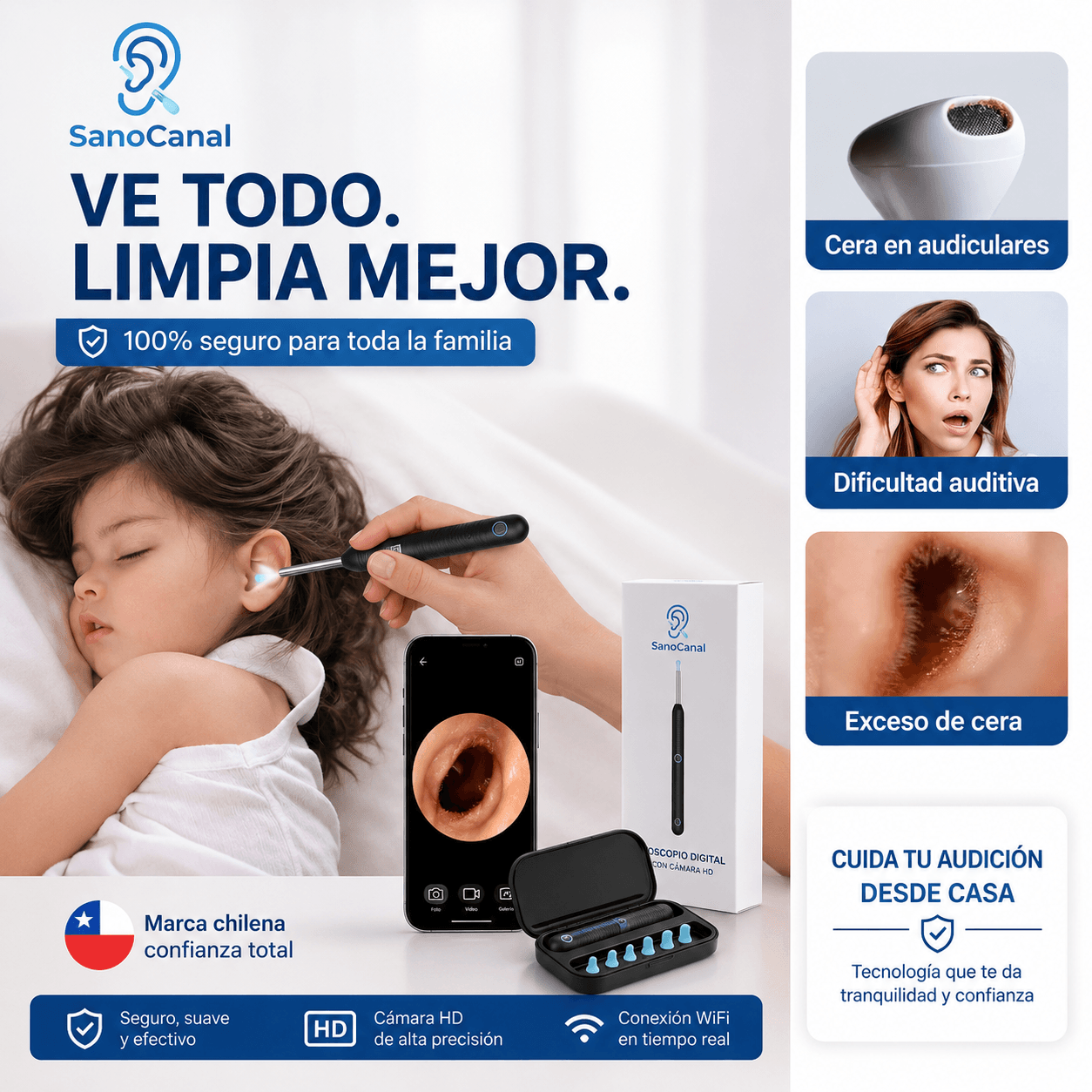 SanoCanal®: El otoscopio digital con cámara HD para una limpieza de oídos 100% segura.