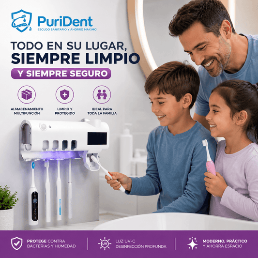PuriDent®: El soporte inteligente con esterilizador UV que protege tus cepillos de dientes.