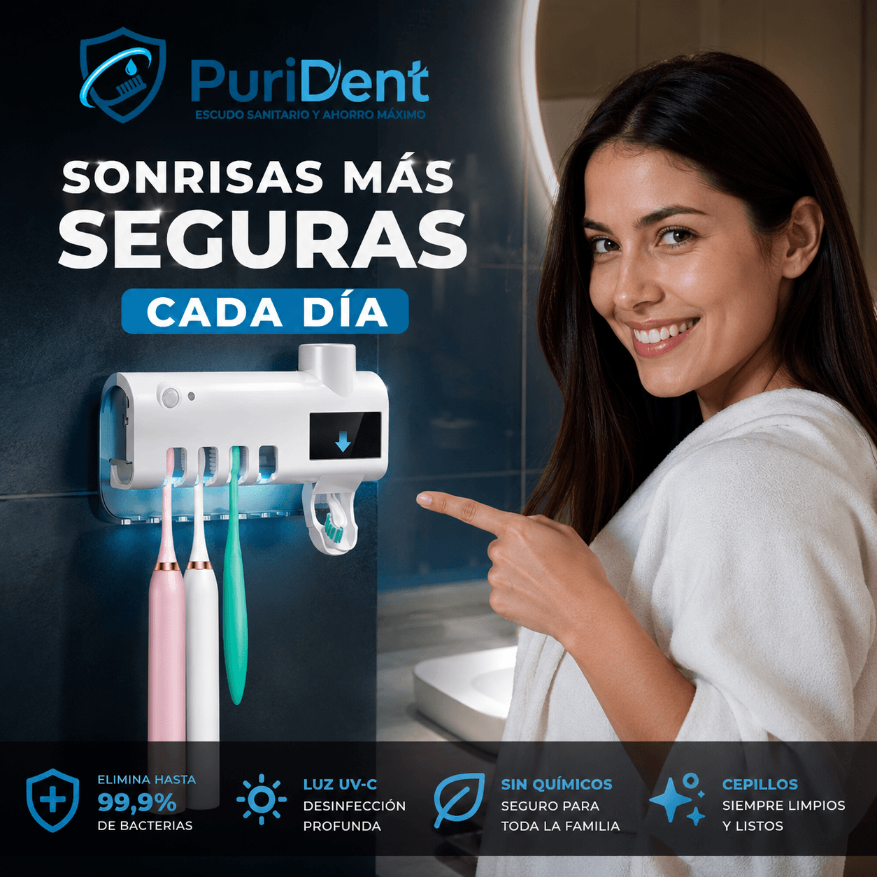 PuriDent®: El soporte inteligente con esterilizador UV que protege tus cepillos de dientes.