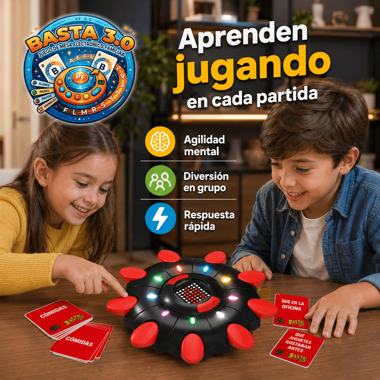 Basta 3.0®: El juego de mesa electrónico que revoluciona tu rapidez mental y vocabulario al instante.