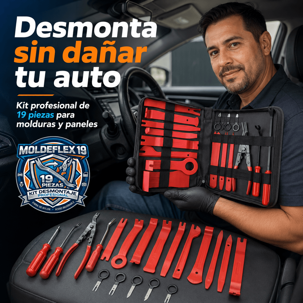 MOLDEFLEX 19®: El kit de desmontaje de 19 piezas que remueve paneles y molduras sin rayar al instante.