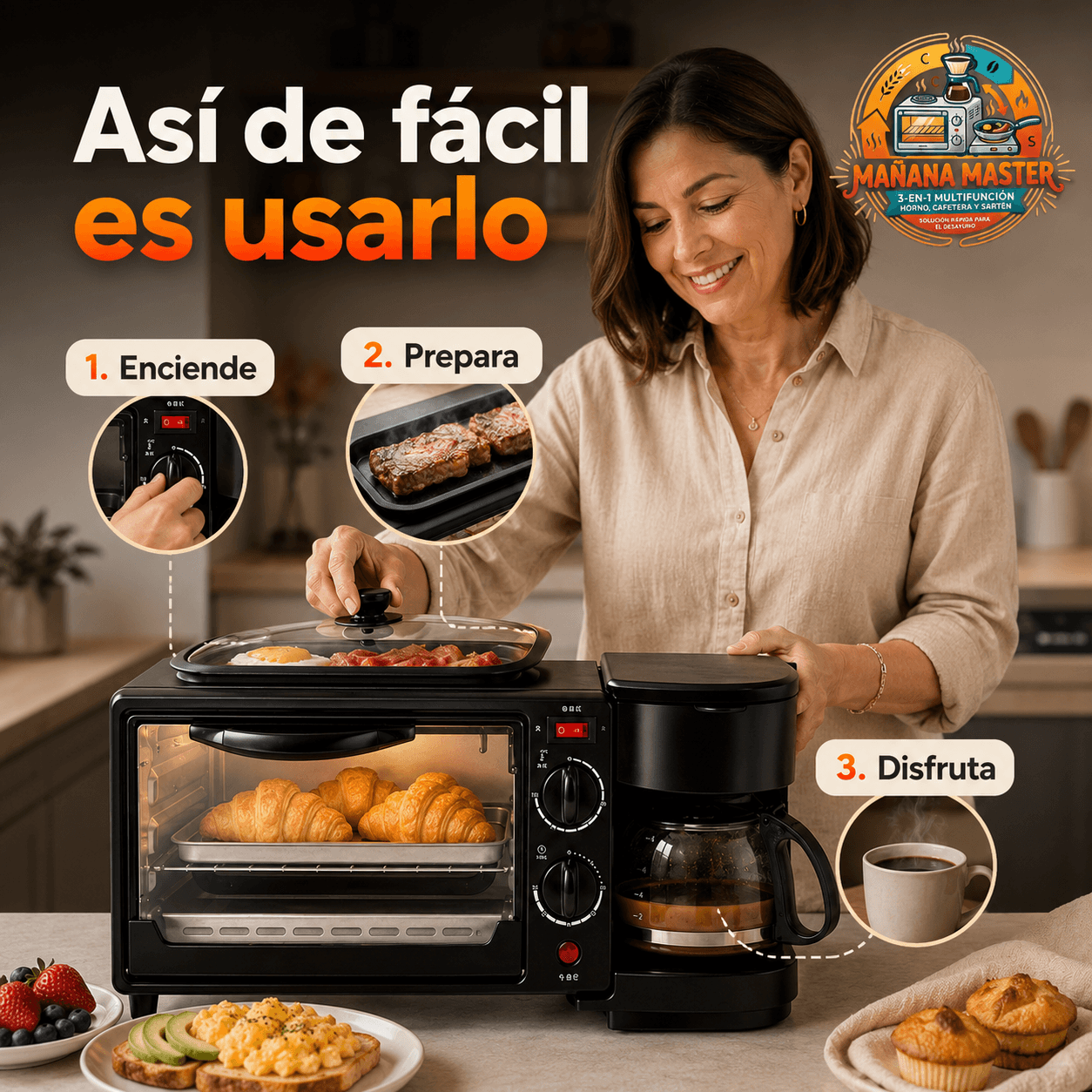 MAÑANA MASTER®: La máquina de desayuno 3 en 1 que te prepara café, tostadas y huevos al instante.