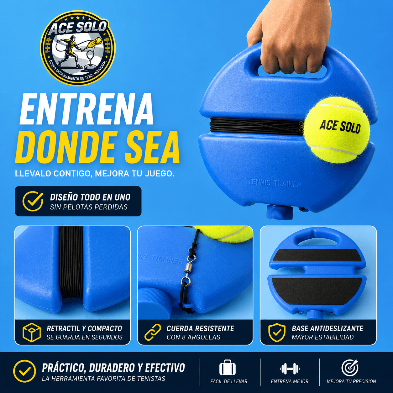 ACE SOLO®: El entrenador de tenis individual con pelota de rebote que te permite practicar en cualquier lugar.