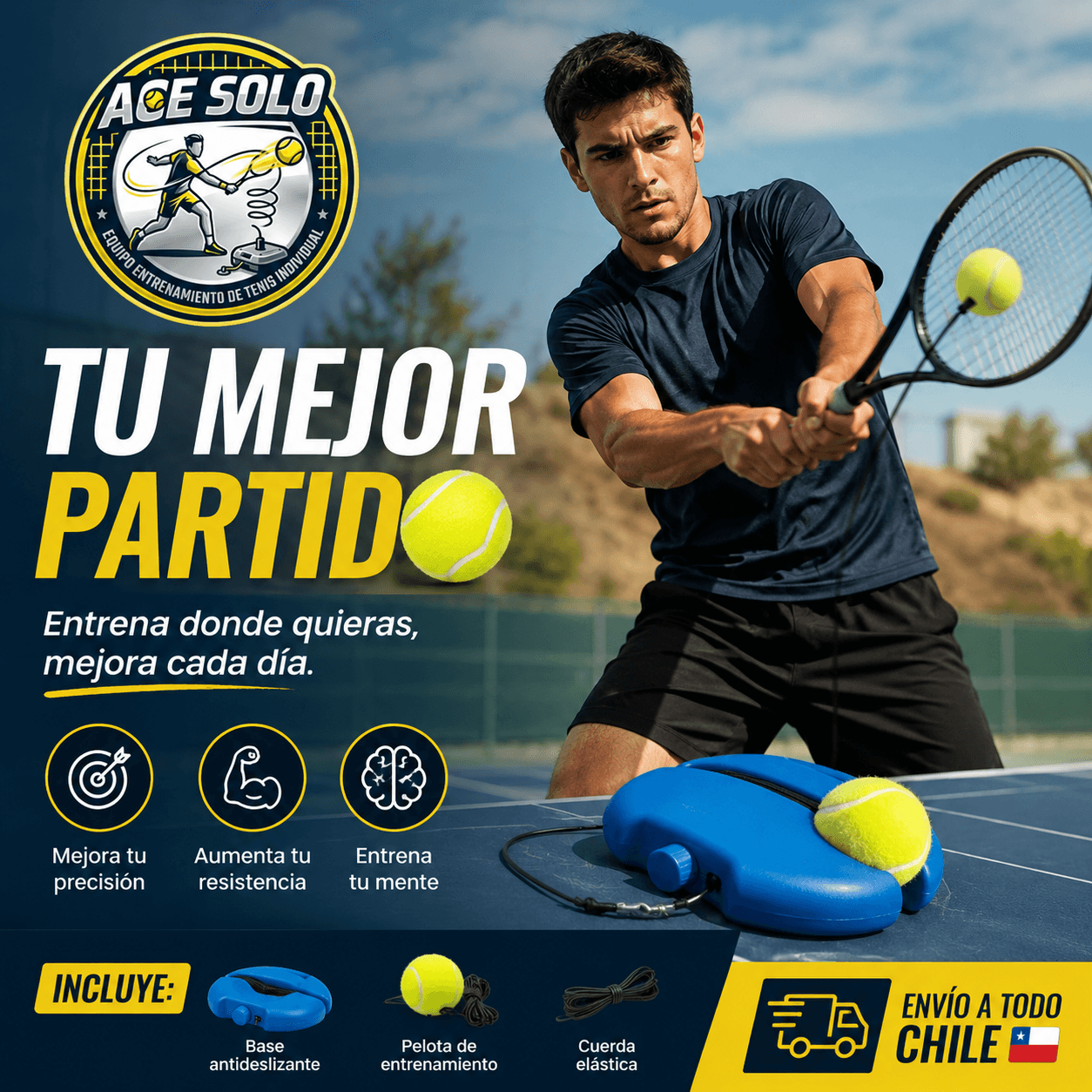 ACE SOLO®: El entrenador de tenis individual con pelota de rebote que te permite practicar en cualquier lugar.