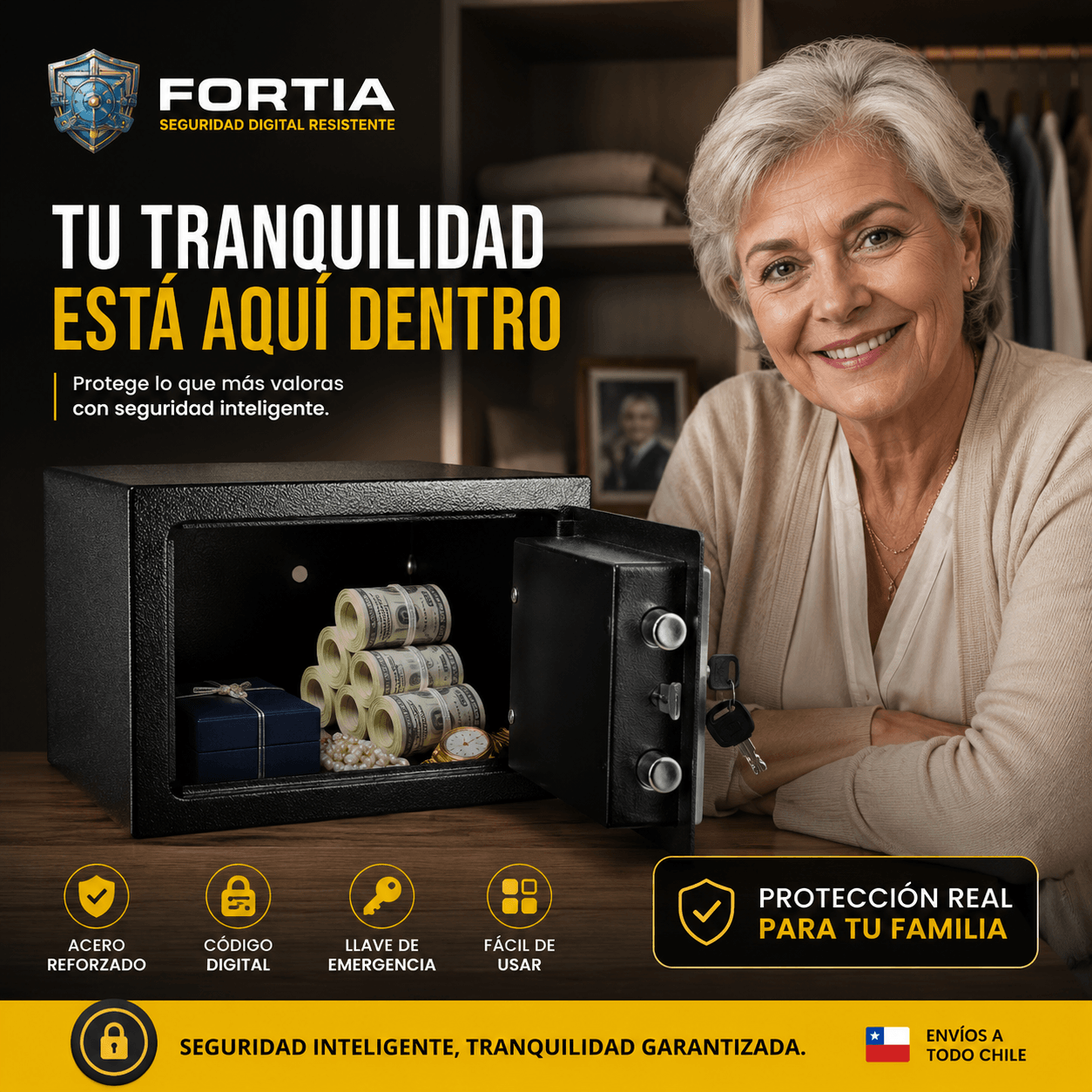 FORTIA®: La caja fuerte digital compacta de doble bloqueo que resguarda tus pertenencias de forma discreta.