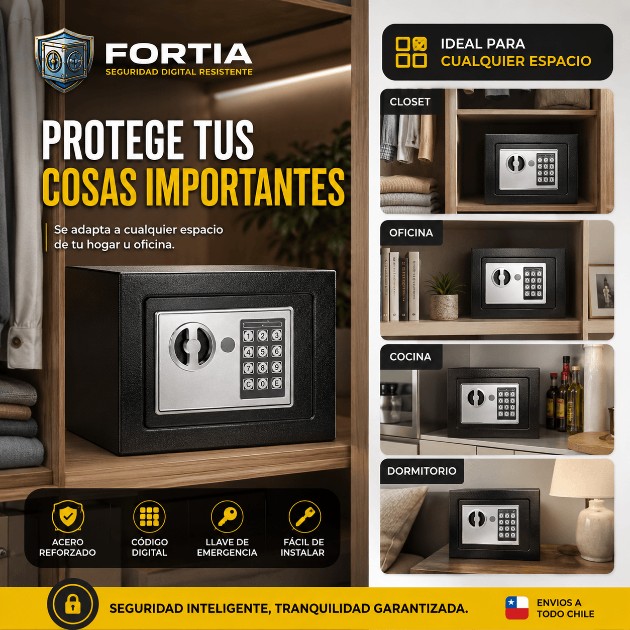 FORTIA®: La caja fuerte digital compacta de doble bloqueo que resguarda tus pertenencias de forma discreta.