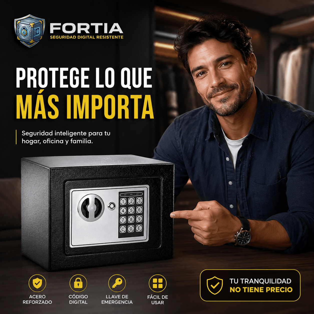 FORTIA®: La caja fuerte digital compacta de doble bloqueo que resguarda tus pertenencias de forma discreta.