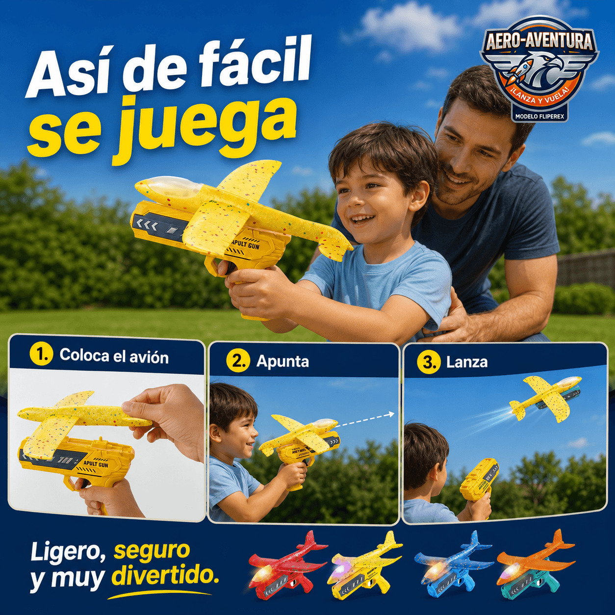 AERO-AVENTURA®: El avión planeador de plumavit con lanzador que hace volar la diversión de tus hijos al instante.