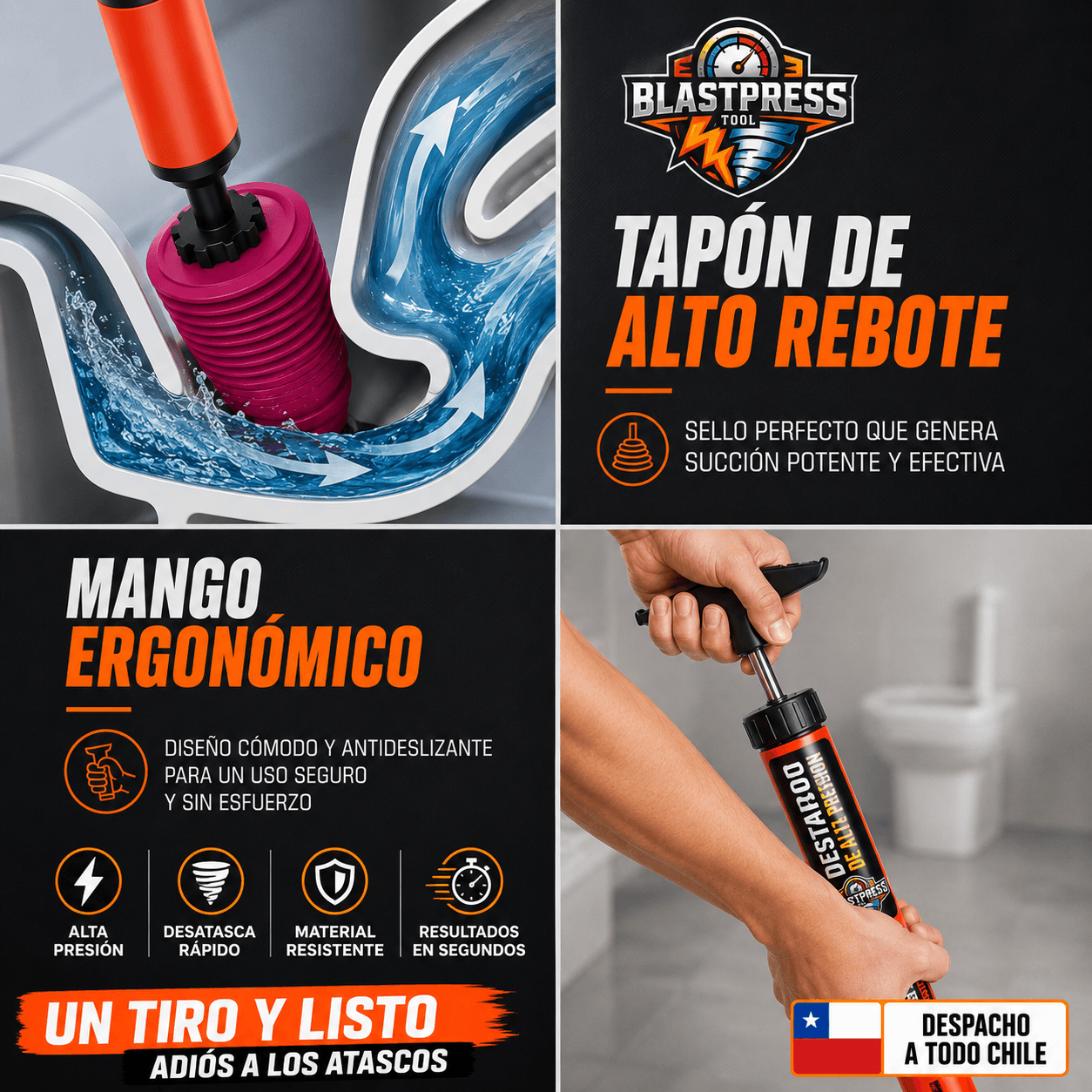 BLASTPRESS®: El sopapo destapador de alta presión de 120 PSI que despeja tus cañerías en segundos.