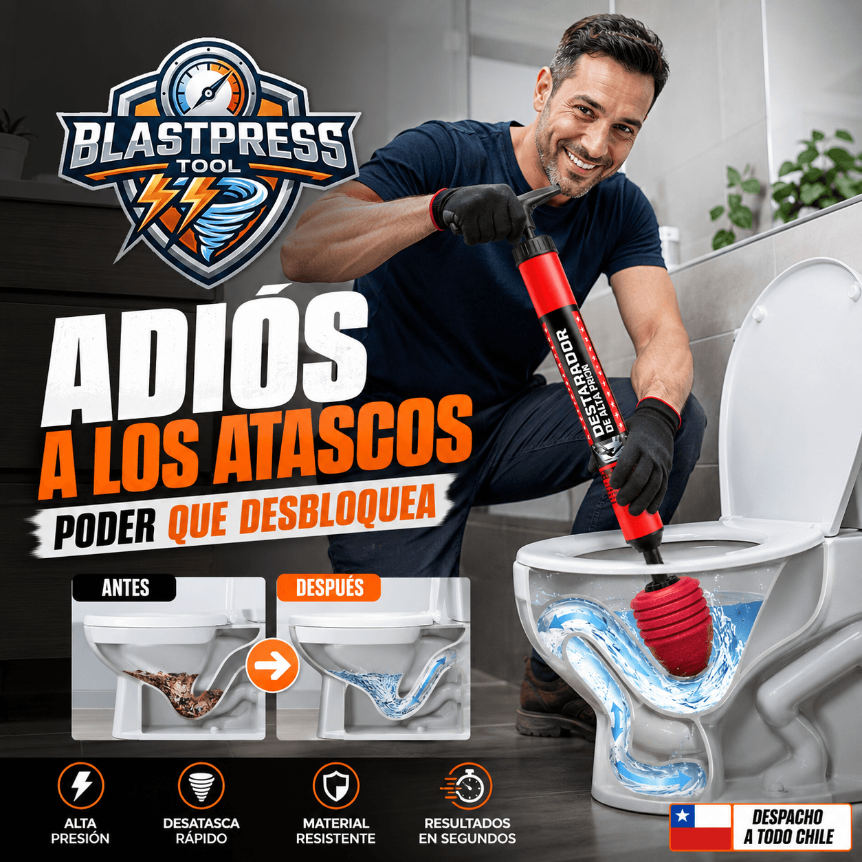 BLASTPRESS®: El sopapo destapador de alta presión de 120 PSI que despeja tus cañerías en segundos.