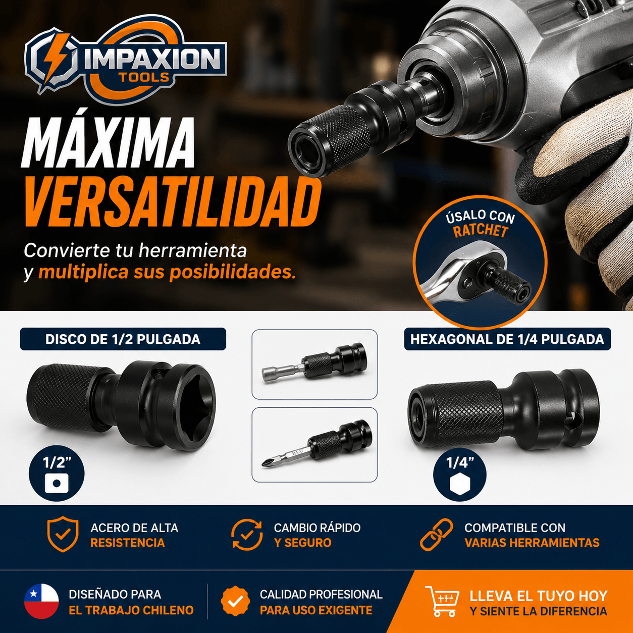 IMPAXION®: El adaptador de impacto de 1/2 a 1/4 que transforma tu herramienta pesada en segundos.
