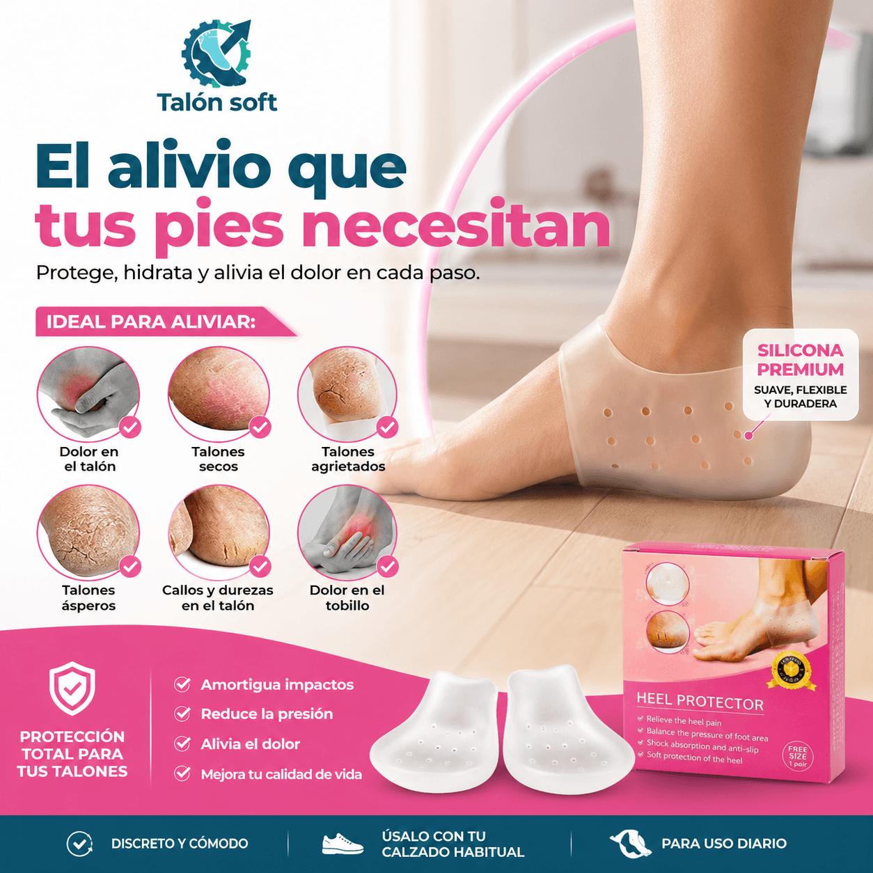 TALÓN SOFT®: Silicona elástica premium de alta densidad, textura de masaje y formato universal unisex.  2x1